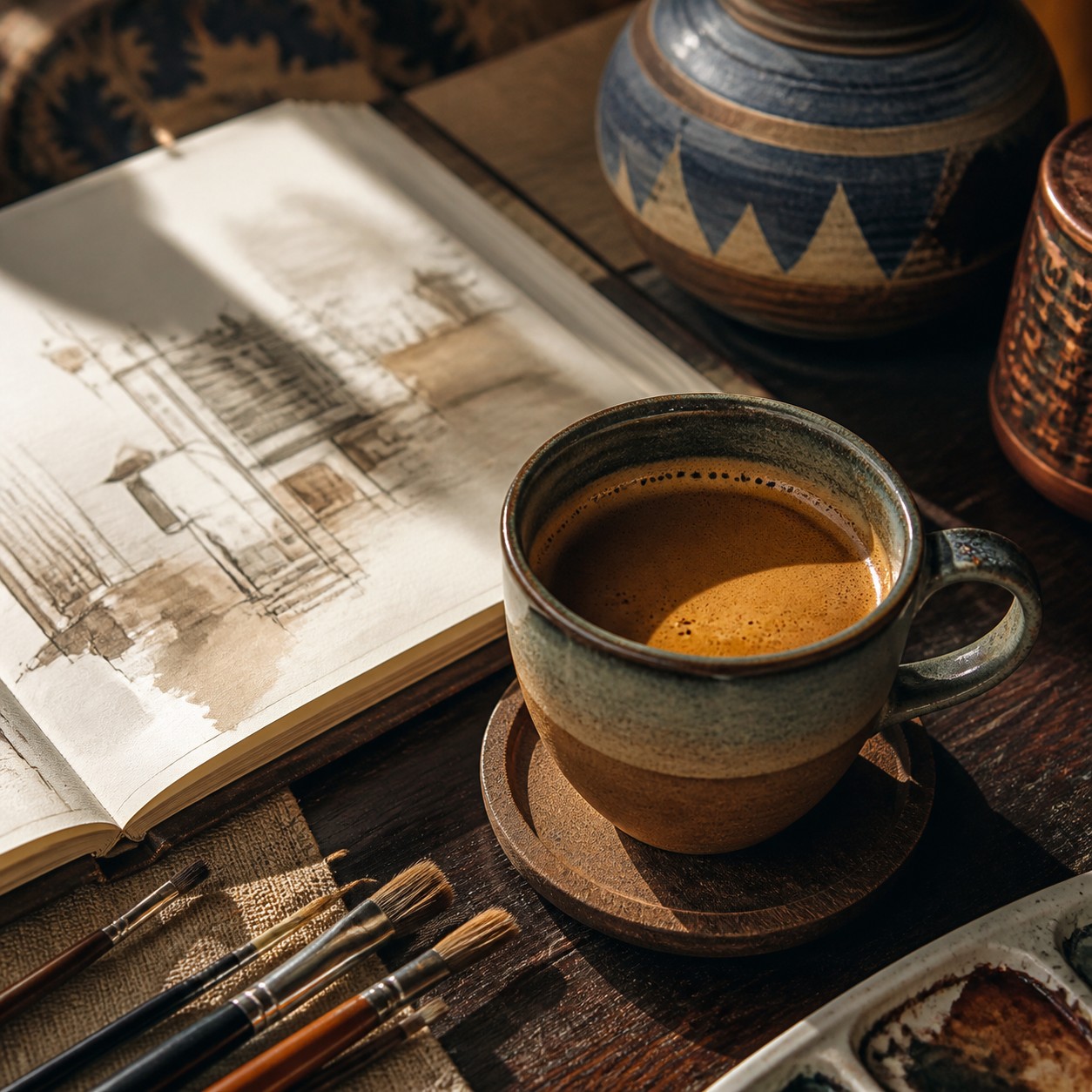 Concept rendering of coffee beside a sketchbook in an art café