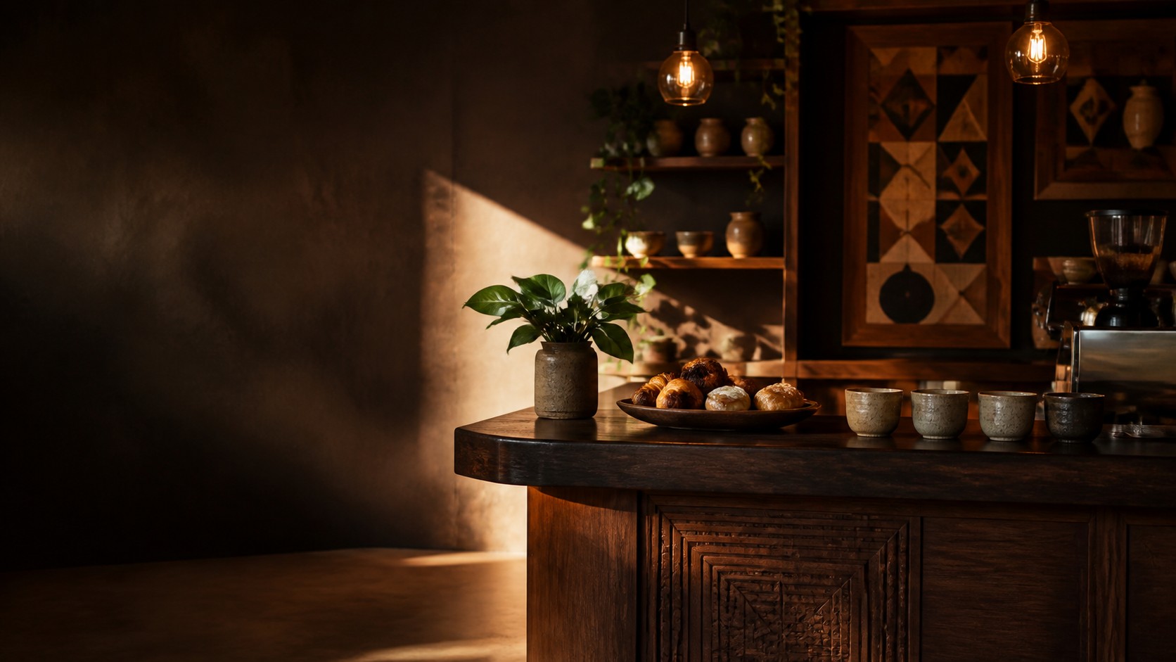Concept rendering of a warm art café interior with coffee and pastry