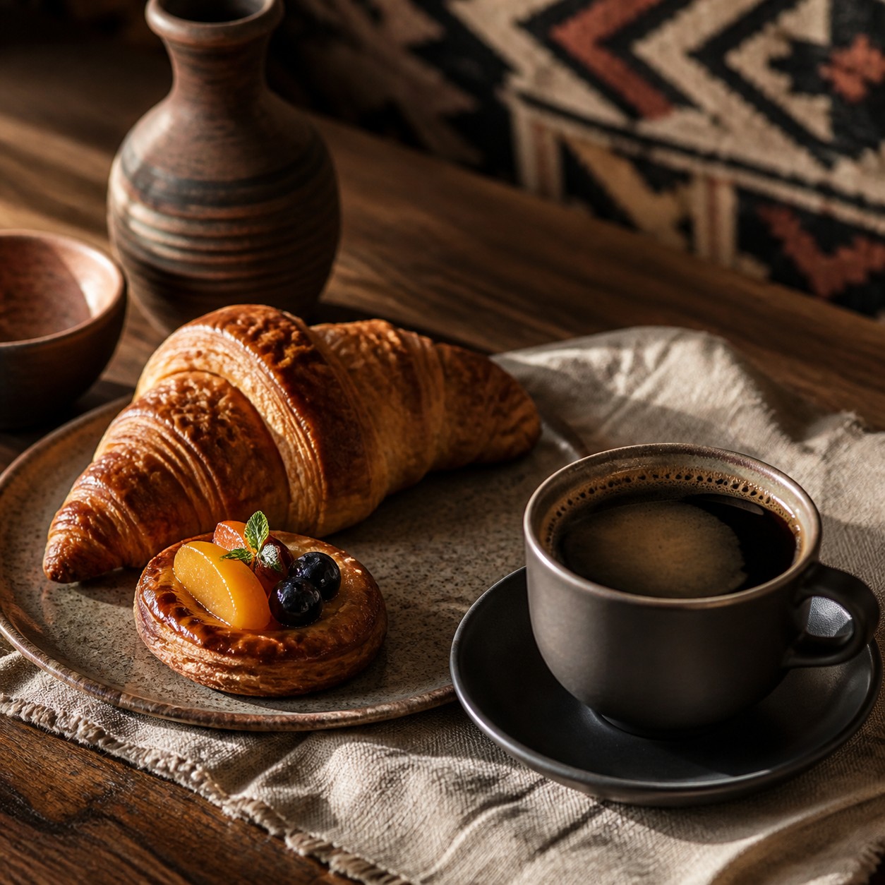 Concept rendering of coffee with croissant and fruit pastry